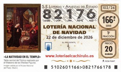Anverso del d&eacute;cimo 82176 de la Loter&iacute;a de Navidad 2026, de Montequinto (Dos Hermanas) (Sevilla)